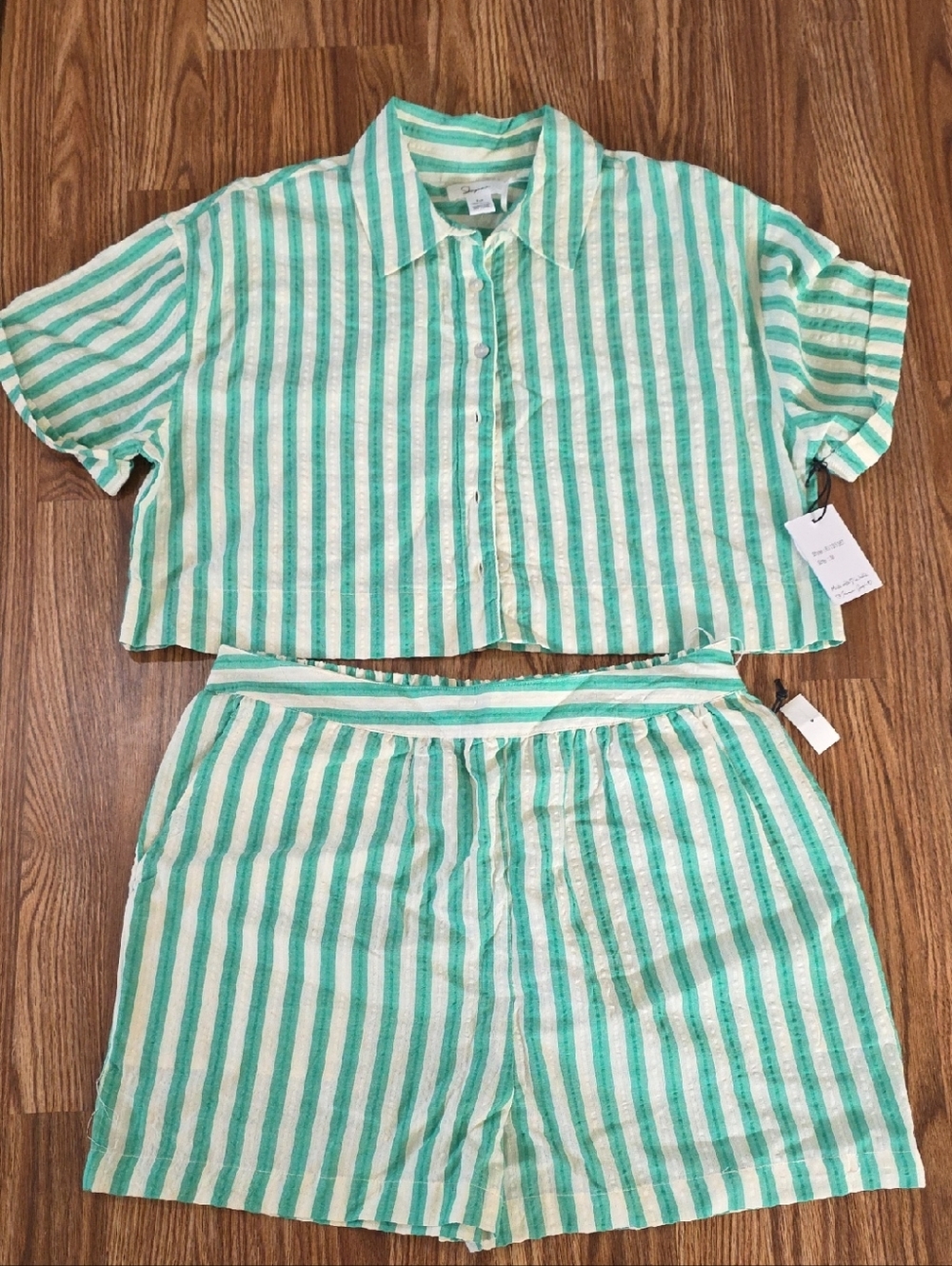 Jou Jou Green & White Striped  Pajama Set - Button Short Sleeve Top & Shorts